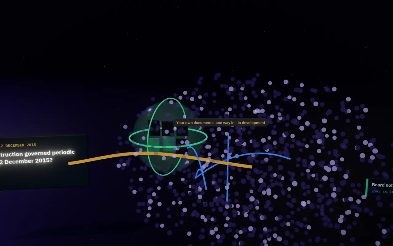 A sealed glass sphere of documents behind the constellation sending two cards, marked fictional, one way into the column.