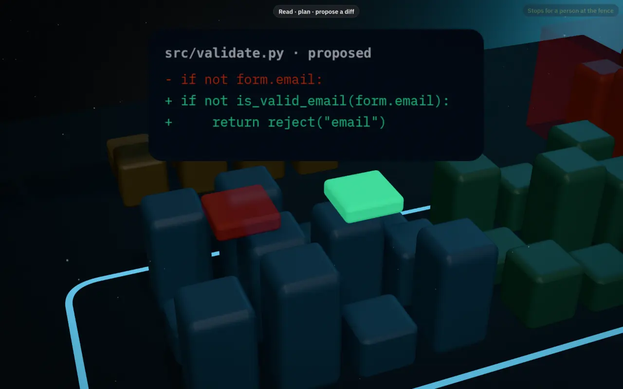 The agent over a block in src, a red slice lifting out and a green one settling in, and a card showing the proposed change.