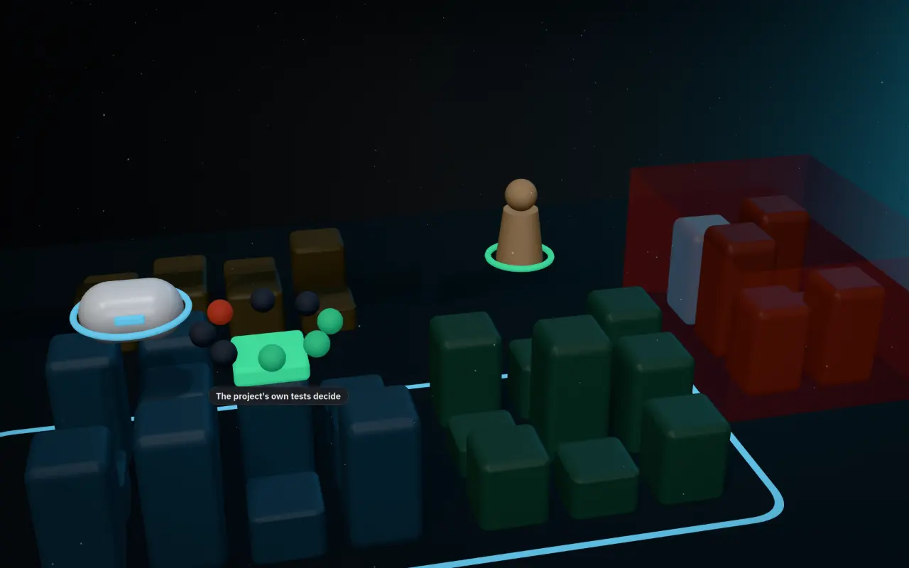 The agent stopped at the fence while a person approves; test lamps round the changed block, one red, then all green.