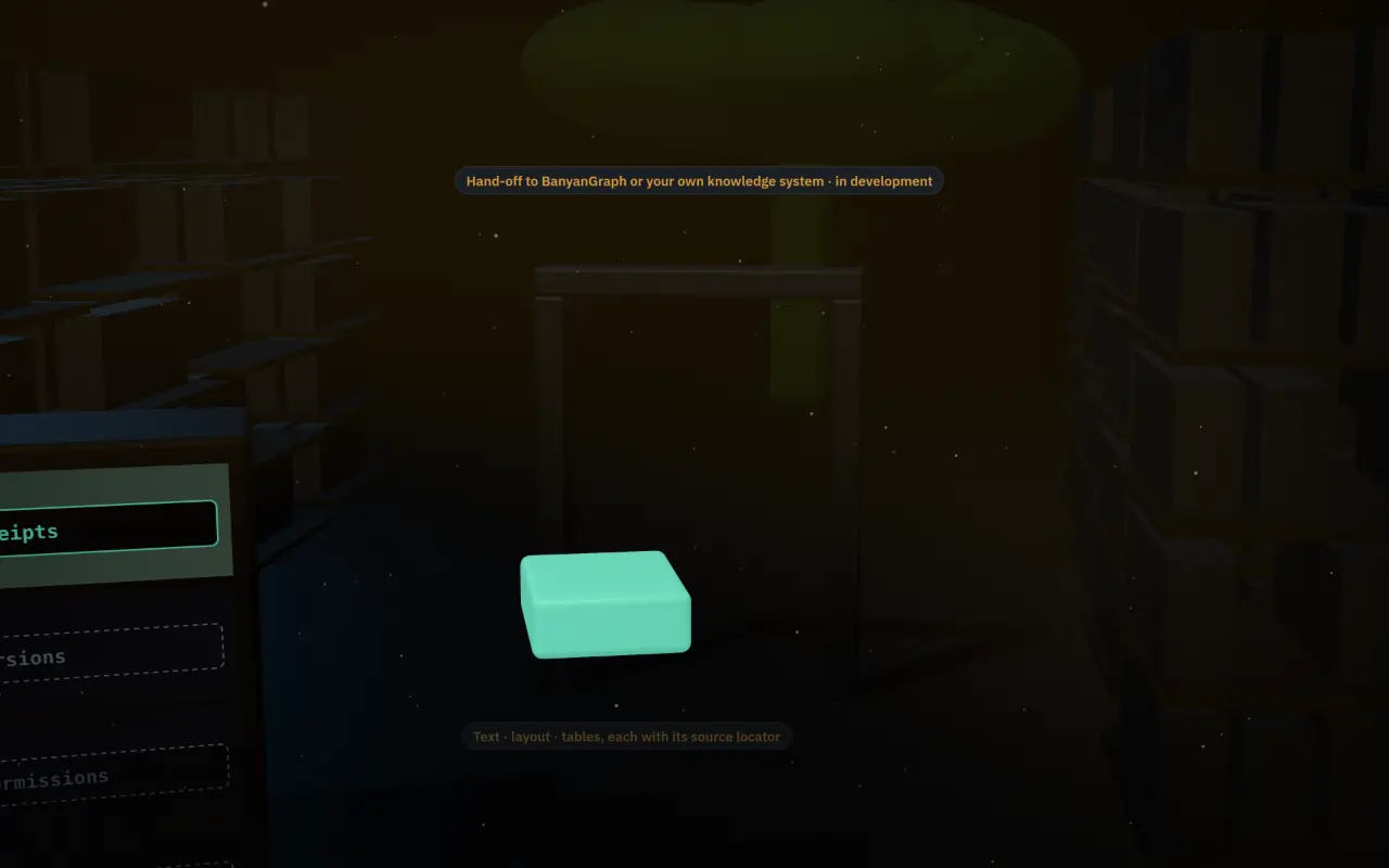Three translucent layers packing into a small lit bundle that travels down an aisle, through a doorway, toward a distant tree.